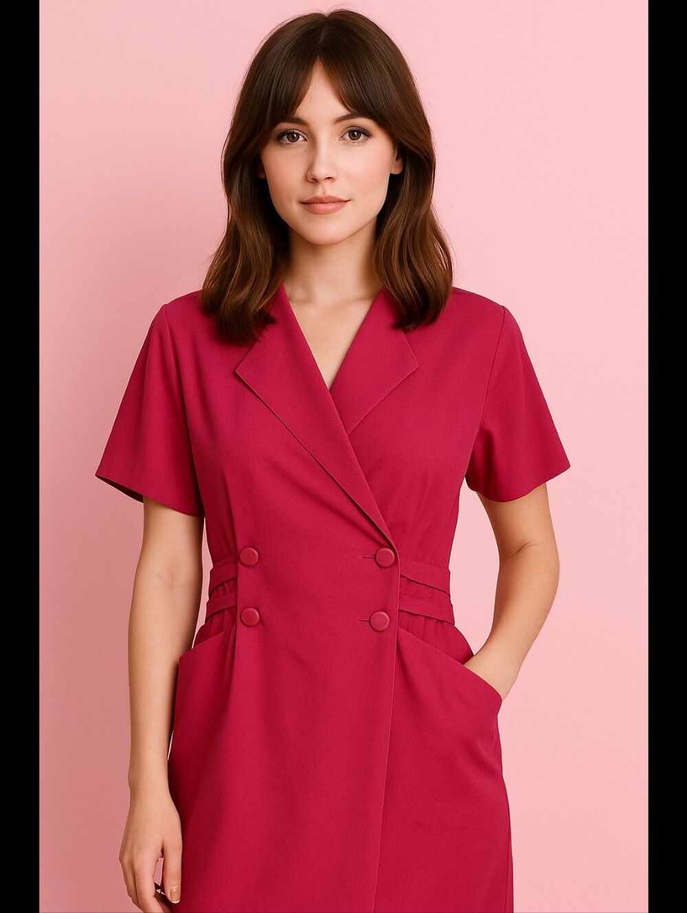 Union Label 60's-70's Damon Dress Vibrant Pink Double-Breasted Midi Dress